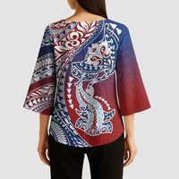 Hawaiian Manta Ray and Hammerhead Shark Tribal Tattoo Kimono Sleeve Blouse with Polynesian Tribal Pattern Hawaii Flag Color