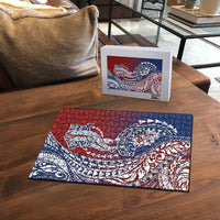 Hawaiian Manta Ray and Hammerhead Shark Tribal Tattoo Puzzle with Polynesian Tribal Pattern Hawaii Flag Color