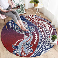 Hawaiian Manta Ray and Hammerhead Shark Tribal Tattoo Round Carpet with Polynesian Tribal Pattern Hawaii Flag Color