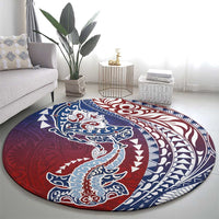 Hawaiian Manta Ray and Hammerhead Shark Tribal Tattoo Round Carpet with Polynesian Tribal Pattern Hawaii Flag Color