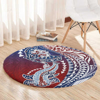 Hawaiian Manta Ray and Hammerhead Shark Tribal Tattoo Round Carpet with Polynesian Tribal Pattern Hawaii Flag Color