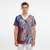Hawaiian Manta Ray and Hammerhead Shark Tribal Tattoo Scrub Top with Polynesian Tribal Pattern Hawaii Flag Color