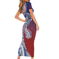 Hawaiian Manta Ray and Hammerhead Shark Tribal Tattoo Short Sleeve Bodycon Dress with Polynesian Tribal Pattern Hawaii Flag Color LT03 - Polynesian Pride