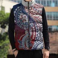 Hawaiian Manta Ray and Hammerhead Shark Tribal Tattoo Sleeveless Puffer Jacket with Polynesian Tribal Pattern Hawaii Flag Color