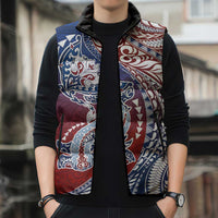 Hawaiian Manta Ray and Hammerhead Shark Tribal Tattoo Sleeveless Puffer Jacket with Polynesian Tribal Pattern Hawaii Flag Color