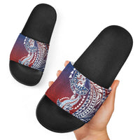 Hawaiian Manta Ray and Hammerhead Shark Tribal Tattoo Slide Sandals with Polynesian Tribal Pattern Hawaii Flag Color
