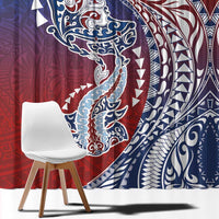 Hawaiian Manta Ray and Hammerhead Shark Tribal Tattoo Window Curtain with Polynesian Tribal Pattern Hawaii Flag Color