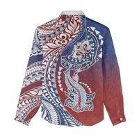 Hawaiian Manta Ray and Hammerhead Shark Tribal Tattoo Women Casual Shirt with Polynesian Tribal Pattern Hawaii Flag Color LT03 - Polynesian Pride