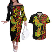 Hawaiian Manta Ray and Hammerhead Shark Tribal Tattoo Couples Matching Off The Shoulder Long Sleeve Dress and Hawaiian Shirt with Polynesian Tribal Pattern Kanaka Maoli Flag Color LT03 Multicolor - Polynesian Pride