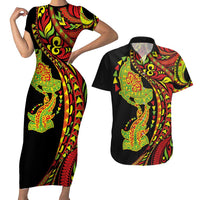 Hawaiian Manta Ray and Hammerhead Shark Tribal Tattoo Couples Matching Short Sleeve Bodycon Dress and Hawaiian Shirt with Polynesian Tribal Pattern Kanaka Maoli Flag Color LT03 Multicolor - Polynesian Pride