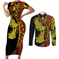 Hawaiian Manta Ray and Hammerhead Shark Tribal Tattoo Couples Matching Short Sleeve Bodycon Dress and Long Sleeve Button Shirt with Polynesian Tribal Pattern Kanaka Maoli Flag Color LT03 Multicolor - Polynesian Pride