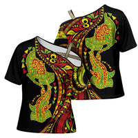 Hawaiian Manta Ray and Hammerhead Shark Tribal Tattoo Cross Shoulder Shirt with Polynesian Tribal Pattern Kanaka Maoli Flag Color LT03 - Polynesian Pride