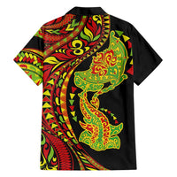 Hawaiian Manta Ray and Hammerhead Shark Tribal Tattoo Family Matching Off Shoulder Maxi Dress and Hawaiian Shirt with Polynesian Tribal Pattern Kanaka Maoli Flag Color LT03 - Polynesian Pride