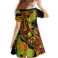 Hawaiian Manta Ray and Hammerhead Shark Tribal Tattoo Kid Short Sleeve Dress with Polynesian Tribal Pattern Kanaka Maoli Flag Color LT03 - Polynesian Pride