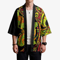 Hawaiian Manta Ray and Hammerhead Shark Tribal Tattoo Kimono with Polynesian Tribal Pattern Kanaka Maoli Flag Color LT03 - Polynesian Pride