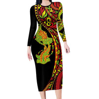 Hawaiian Manta Ray and Hammerhead Shark Tribal Tattoo Long Sleeve Bodycon Dress with Polynesian Tribal Pattern Kanaka Maoli Flag Color LT03 Long Dress Multicolor - Polynesian Pride