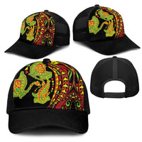 Hawaiian Manta Ray and Hammerhead Shark Tribal Tattoo Mesh Trucker Cap with Polynesian Tribal Pattern Kanaka Maoli Flag Color