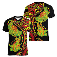 Hawaiian Manta Ray and Hammerhead Shark Tribal Tattoo Women V-Neck T-Shirt with Polynesian Tribal Pattern Kanaka Maoli Flag Color LT03 - Polynesian Pride