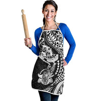 Hawaiian Manta Ray and Hammerhead Shark Tribal Tattoo Apron with Polynesian Tribal Pattern Black-White Color