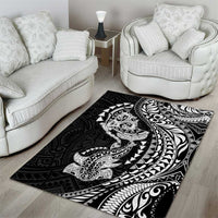 Hawaiian Manta Ray and Hammerhead Shark Tribal Tattoo Area Rug with Polynesian Tribal Pattern Black-White Color