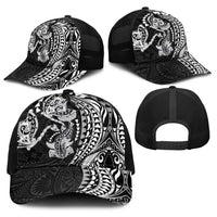 Hawaiian Manta Ray and Hammerhead Shark Tribal Tattoo Baseball Net Cap with Polynesian Tribal Pattern Black-White Color