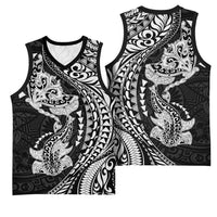 Hawaiian Manta Ray and Hammerhead Shark Tribal Tattoo Basketball Jersey with Polynesian Tribal Pattern Black-White Color