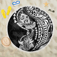 Hawaiian Manta Ray and Hammerhead Shark Tribal Tattoo Beach Blanket with Polynesian Tribal Pattern Black-White Color