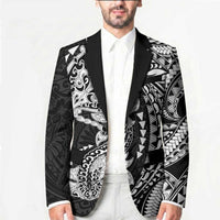 Hawaiian Manta Ray and Hammerhead Shark Tribal Tattoo Blazer with Polynesian Tribal Pattern Black-White Color