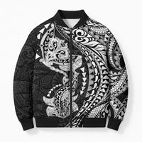 Hawaiian Manta Ray and Hammerhead Shark Tribal Tattoo Bomber Puffer Jacket with Polynesian Tribal Pattern Black-White Color