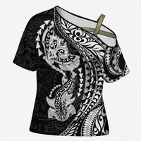 Hawaiian Manta Ray and Hammerhead Shark Tribal Tattoo Cross Shoulder Shirt with Polynesian Tribal Pattern Black-White Color