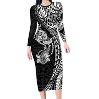 Hawaiian Manta Ray and Hammerhead Shark Tribal Tattoo Family Matching Long Sleeve Bodycon Dress and Hawaiian Shirt with Polynesian Tribal Pattern Black-White Color LT03 Mom's Dress Multicolor - Polynesian Pride