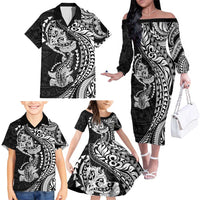 Hawaiian Manta Ray and Hammerhead Shark Tribal Tattoo Family Matching Off The Shoulder Long Sleeve Dress and Hawaiian Shirt with Polynesian Tribal Pattern Black-White Color LT03 - Polynesian Pride