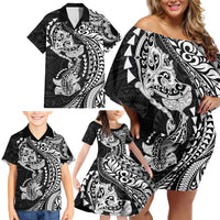 Hawaiian Manta Ray and Hammerhead Shark Tribal Tattoo Family Matching Off Shoulder Short Dress and Hawaiian Shirt with Polynesian Tribal Pattern Black-White Color LT03 - Polynesian Pride