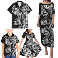 Hawaiian Manta Ray and Hammerhead Shark Tribal Tattoo Family Matching Puletasi and Hawaiian Shirt with Polynesian Tribal Pattern Black-White Color LT03 - Polynesian Pride