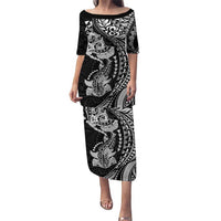 Hawaiian Manta Ray and Hammerhead Shark Tribal Tattoo Family Matching Puletasi and Hawaiian Shirt with Polynesian Tribal Pattern Black-White Color LT03 Mom's Dress Multicolor - Polynesian Pride