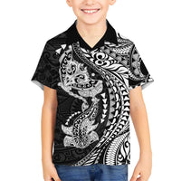 Hawaiian Manta Ray and Hammerhead Shark Tribal Tattoo Family Matching Puletasi and Hawaiian Shirt with Polynesian Tribal Pattern Black-White Color LT03 Son's Shirt Multicolor - Polynesian Pride