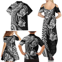 Hawaiian Manta Ray and Hammerhead Shark Tribal Tattoo Family Matching Summer Maxi Dress and Hawaiian Shirt with Polynesian Tribal Pattern Black-White Color LT03 - Polynesian Pride