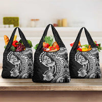 Hawaiian Manta Ray and Hammerhead Shark Tribal Tattoo Grocery Bag with Polynesian Tribal Pattern Black-White Color