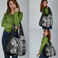 Hawaiian Manta Ray and Hammerhead Shark Tribal Tattoo Grocery Bag with Polynesian Tribal Pattern Black-White Color