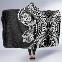 Hawaiian Manta Ray and Hammerhead Shark Tribal Tattoo Hooded Blanket with Polynesian Tribal Pattern Black-White Color