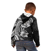 Hawaiian Manta Ray and Hammerhead Shark Tribal Tattoo Kid Hoodie with Polynesian Tribal Pattern Black-White Color