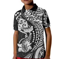 Hawaiian Manta Ray and Hammerhead Shark Tribal Tattoo Kid Polo Shirt with Polynesian Tribal Pattern Black-White Color