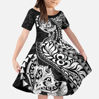 Hawaiian Manta Ray and Hammerhead Shark Tribal Tattoo Kid Short Sleeve Dress with Polynesian Tribal Pattern Black-White Color