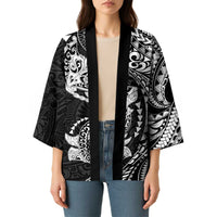 Hawaiian Manta Ray and Hammerhead Shark Tribal Tattoo Kimono with Polynesian Tribal Pattern Black-White Color