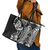 Hawaiian Manta Ray and Hammerhead Shark Tribal Tattoo Leather Tote Bag with Polynesian Tribal Pattern Black-White Color