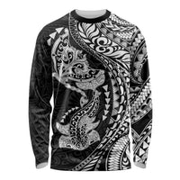 Hawaiian Manta Ray and Hammerhead Shark Tribal Tattoo Long Sleeve Shirt with Polynesian Tribal Pattern Black-White Color