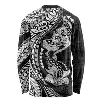 Hawaiian Manta Ray and Hammerhead Shark Tribal Tattoo Long Sleeve Shirt with Polynesian Tribal Pattern Black-White Color