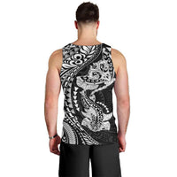 Hawaiian Manta Ray and Hammerhead Shark Tribal Tattoo Men Tank Top with Polynesian Tribal Pattern Black-White Color
