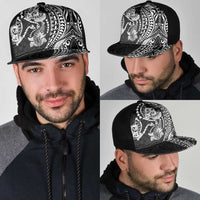 Hawaiian Manta Ray and Hammerhead Shark Tribal Tattoo Mesh Trucker Cap with Polynesian Tribal Pattern Black-White Color
