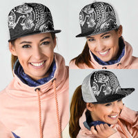 Hawaiian Manta Ray and Hammerhead Shark Tribal Tattoo Mesh Trucker Cap with Polynesian Tribal Pattern Black-White Color